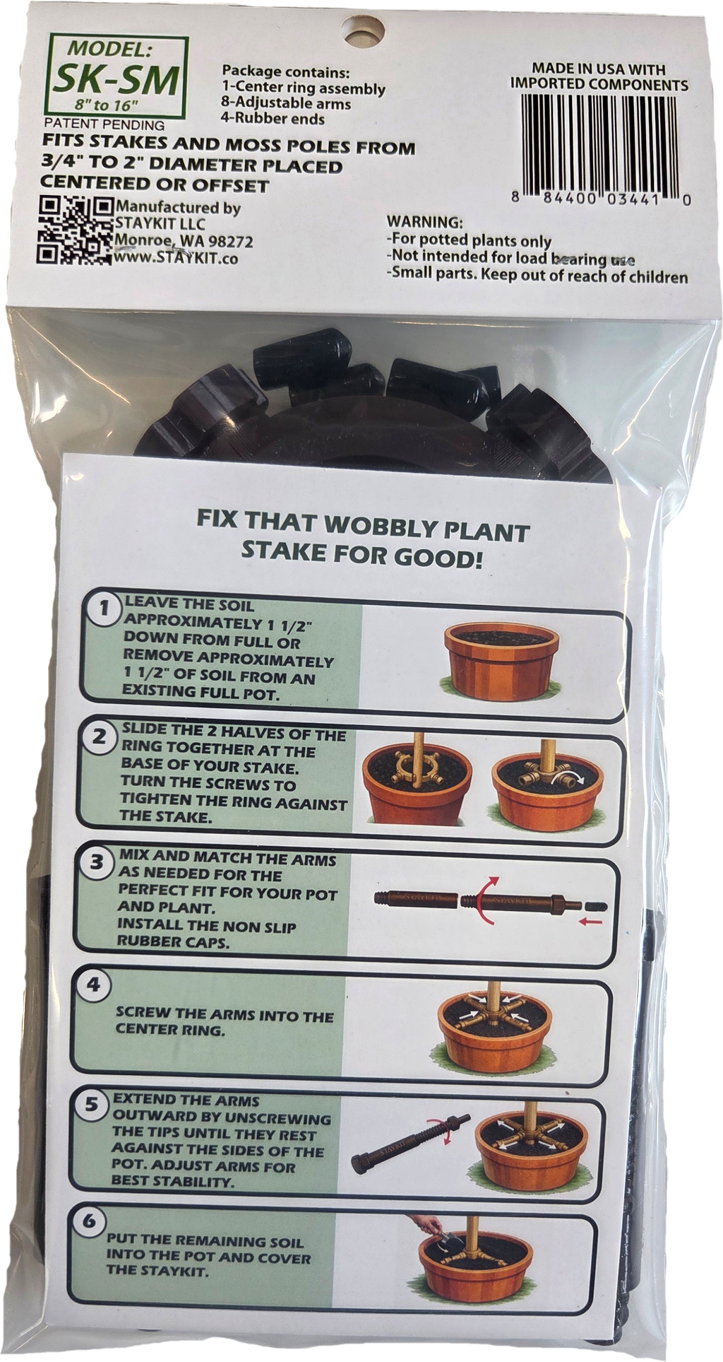 STAYKIT Standard MAX plant stake support- adjusts from 8" to 16" Fits 3/4" to 2" stake and moss poles