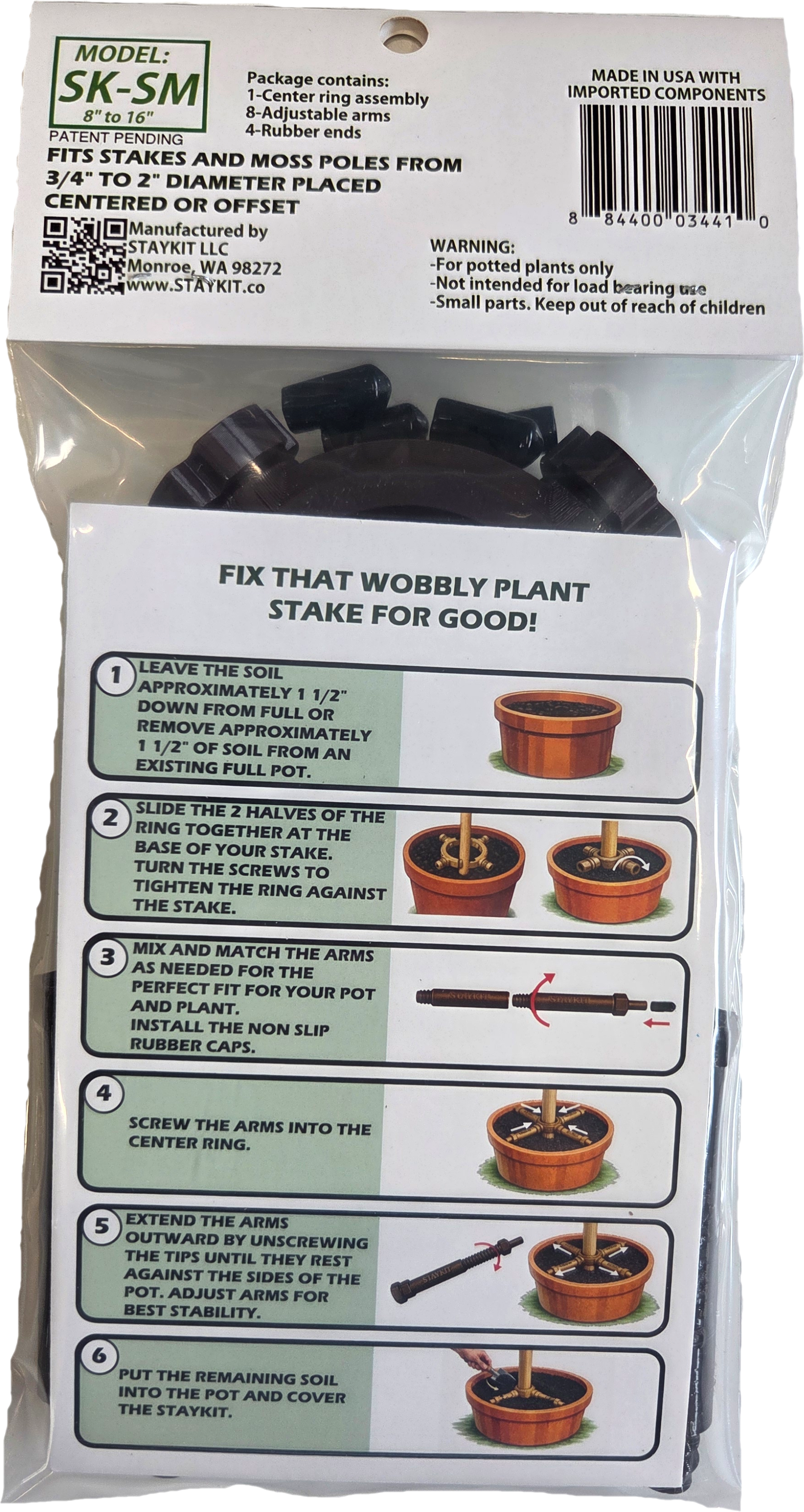 STAYKIT Standard MAX plant stake support- adjusts from 8" to 16" Fits 3/4" to 2" stake and moss poles