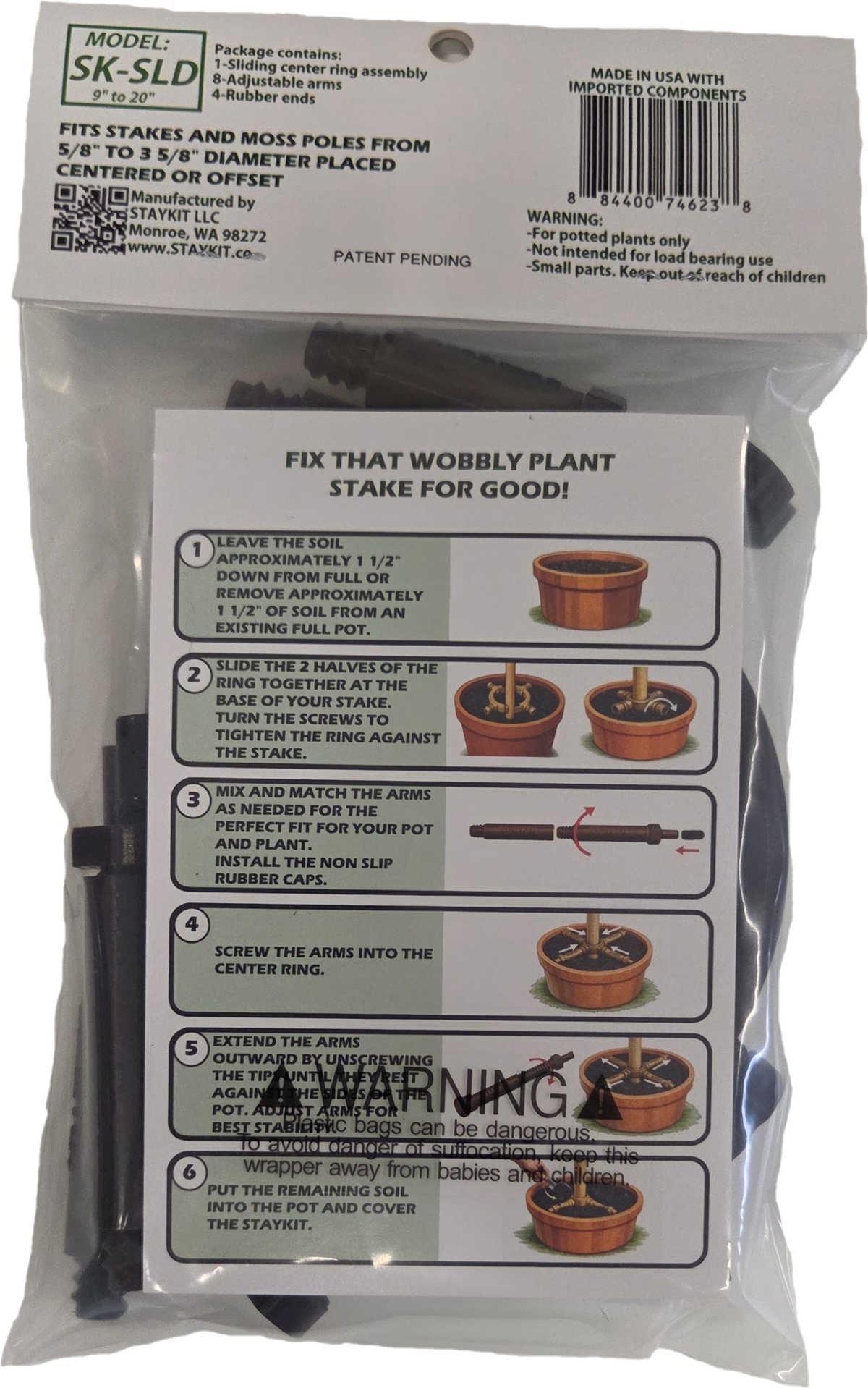STAYKIT SLIDER adjustable plant stake and moss pole support adjusts from 9" to 20" (1 pack)